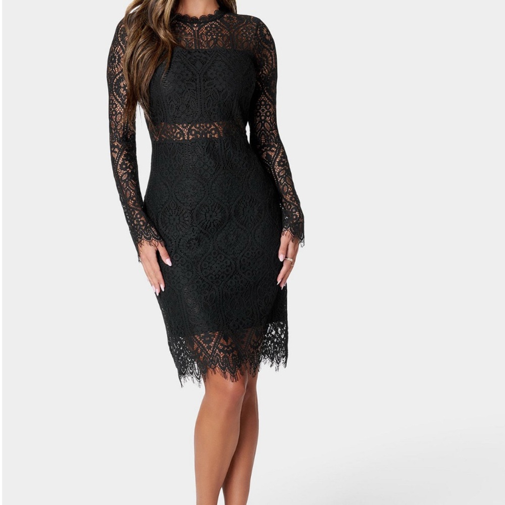 Bebe Black Sheath Dress Long Sleeve Mock Neck Cocktail